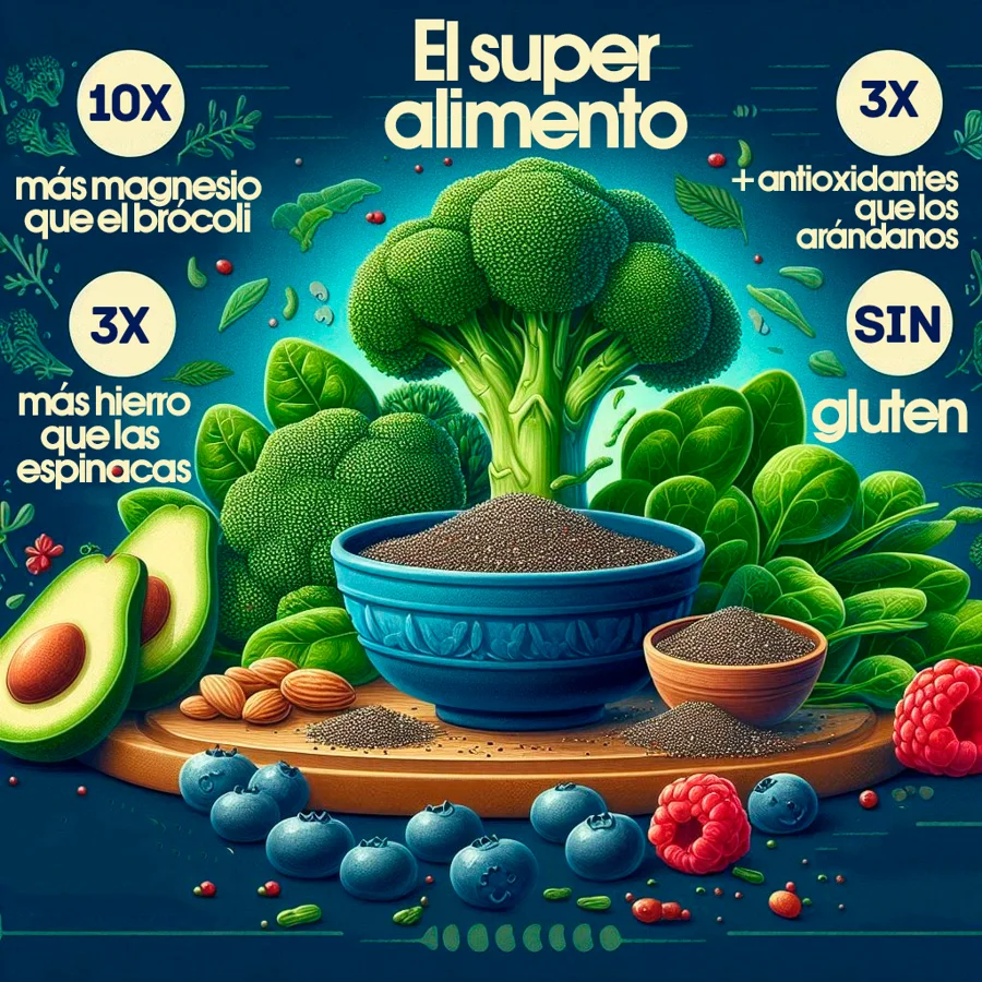 ilustración de un tazón de chia y otros alimentos detrás, resaltando los beneficios de la chia